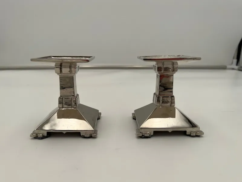 Pamono Art Deco Nickel-Plated Bronze Candlesticks, France, 1930, Set of 2> Candleholders