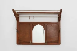 Pamono Art Deco Oak Carved Wall Coat Rack with Mirror, France, 1920s><noscript><img width=