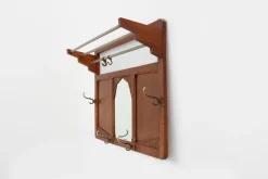 Pamono Art Deco Oak Carved Wall Coat Rack with Mirror, France, 1920s><noscript><img width=