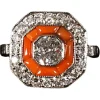 Pamono Art Deco Octagonal Diamond & Coral Platinum Cocktail Ring, France, 1930s> Rings