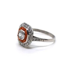Pamono Art Deco Octagonal Diamond & Coral Platinum Cocktail Ring, France, 1930s><noscript><img width=