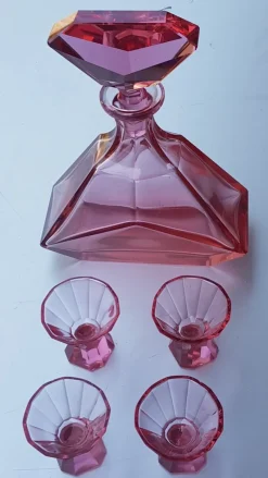 Hot Pamono Art Deco Pink Crystal Glass Decanter with Glasses, Set of 3