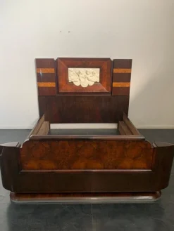 Pamono Art Deco Rosewood & Walnut Bed Frame with Carved Headboard by Ducrot, 1922><noscript><img width=