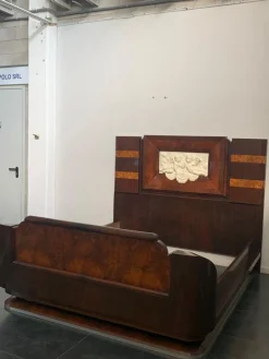 Pamono Art Deco Rosewood & Walnut Bed Frame with Carved Headboard by Ducrot, 1922><noscript><img width=