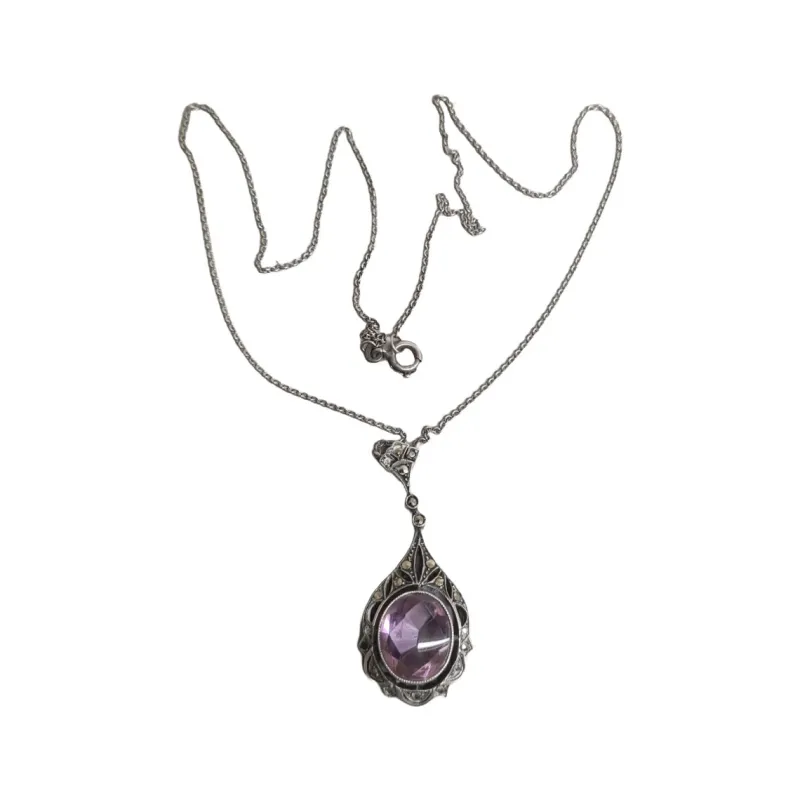 Pamono Art Deco Silver Necklace with Amethyst and Marcasite, 1920s> Necklaces