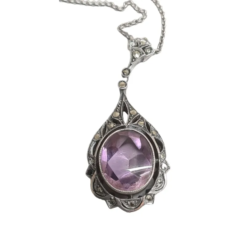 Pamono Art Deco Silver Necklace with Amethyst and Marcasite, 1920s> Necklaces