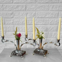 Pamono Art Deco Style Candelabras in Chrome and Marble, Sweden, 1950s, Set of 2> Candleholders