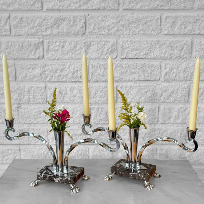 Pamono Art Deco Style Candelabras in Chrome and Marble, Sweden, 1950s, Set of 2> Candleholders