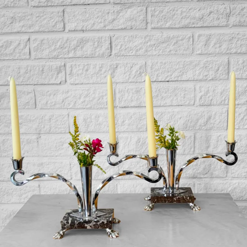 Pamono Art Deco Style Candelabras in Chrome and Marble, Sweden, 1950s, Set of 2> Candleholders