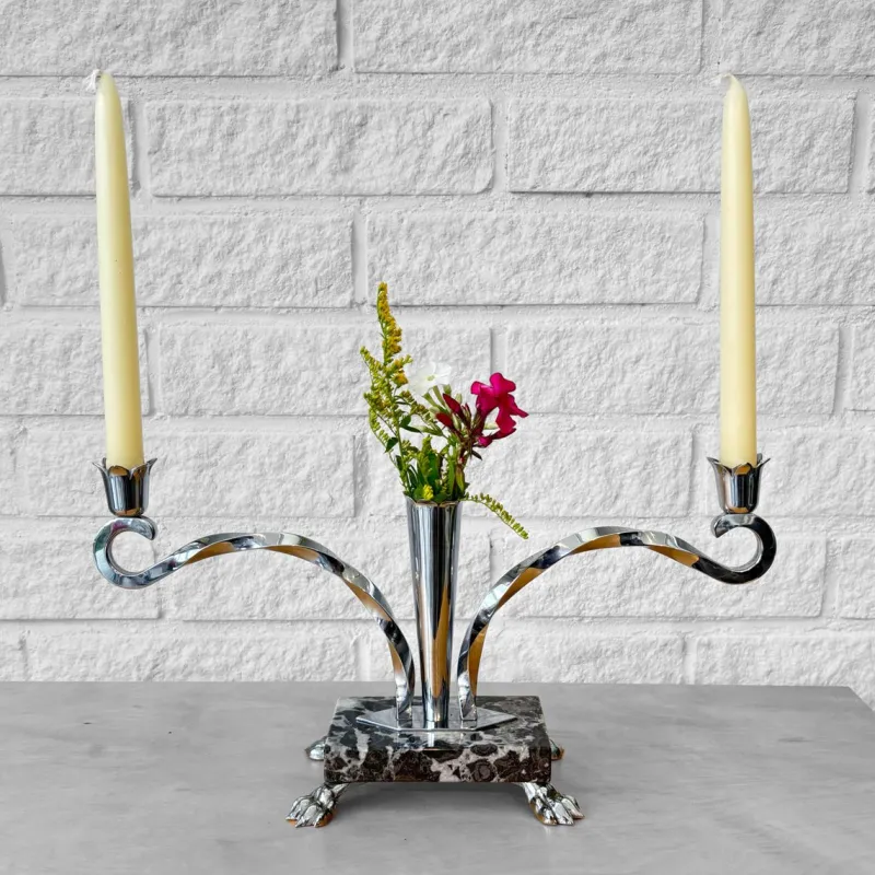 Pamono Art Deco Style Candelabras in Chrome and Marble, Sweden, 1950s, Set of 2> Candleholders
