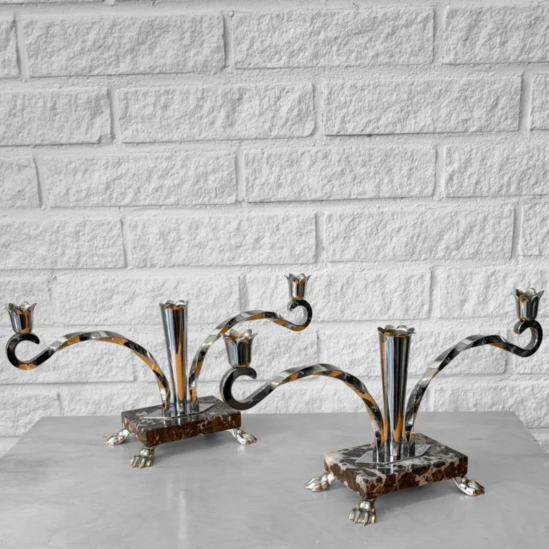 Pamono Art Deco Style Candelabras in Chrome and Marble, Sweden, 1950s, Set of 2> Candleholders