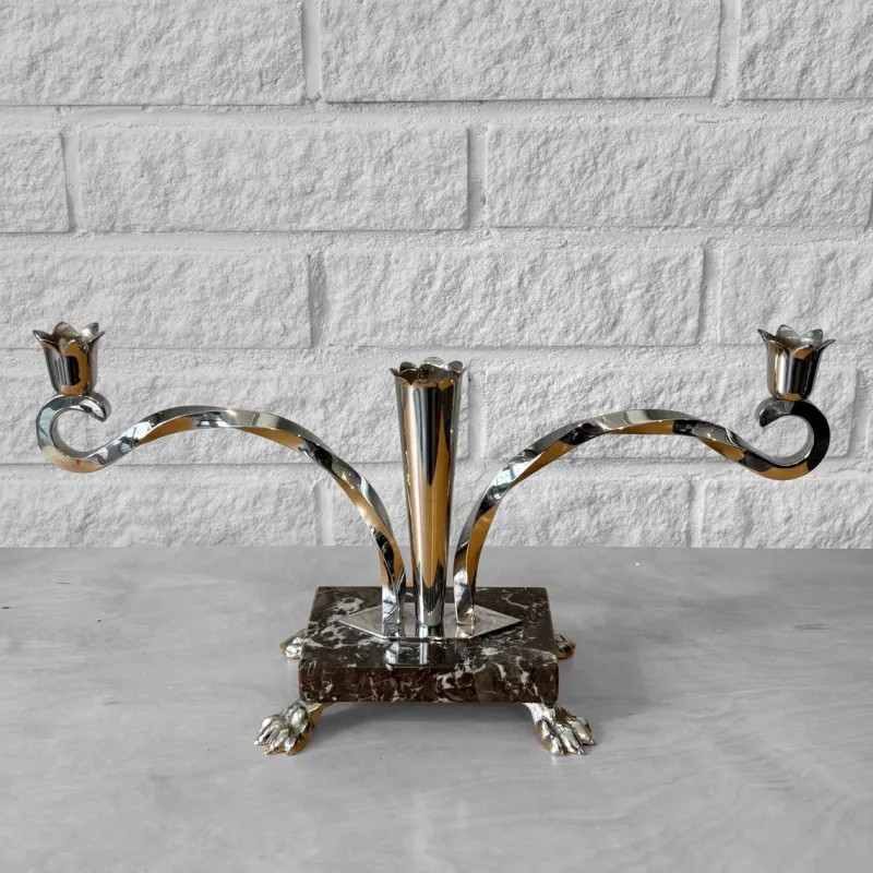 Pamono Art Deco Style Candelabras in Chrome and Marble, Sweden, 1950s, Set of 2> Candleholders