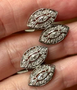 Pamono Art Deco Style Double Navette in 18 Karat White Gold and Diamond Cufflinks, 1960s, Set of 2><noscript><img width=