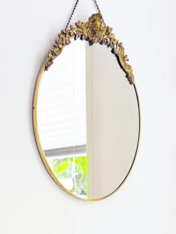 Pamono Art Deco Style Oval Mirror with Brass Floral Details, 1960s> Mirrors