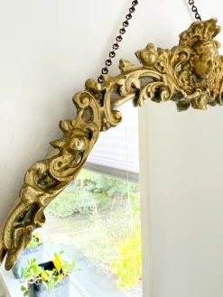 Pamono Art Deco Style Oval Mirror with Brass Floral Details, 1960s><noscript><img width=