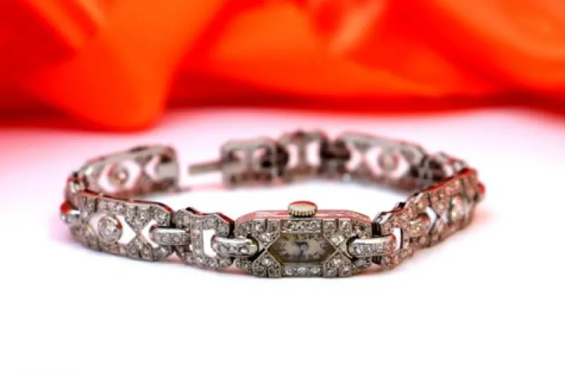 Online Pamono Art Deco Style Platinum Watch with Brilliant-Cut Diamonds