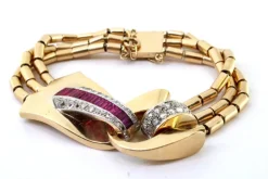 Pamono Art Deco Tubular Gold Bracelet with Rose-Cut Diamonds and Calibrated Rubies> Bracelets