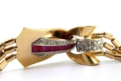 Pamono Art Deco Tubular Gold Bracelet with Rose-Cut Diamonds and Calibrated Rubies><noscript><img width=
