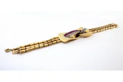 Pamono Art Deco Tubular Gold Bracelet with Rose-Cut Diamonds and Calibrated Rubies><noscript><img width=