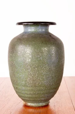 Sale Pamono Art Deco Vase in Speckled Green Glazed Stoneware from Roger Guérin, 1930s