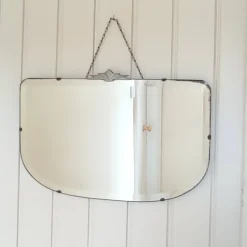 Pamono Art Deco Wall Mirror with Bevelled Frameless Edge and Chrome Fantail Crest, 1930s><noscript><img width=