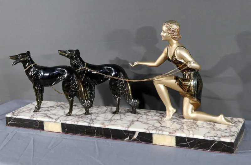 Best Pamono Art Deco Woman with Greyhounds, 1930, Patinated Metal