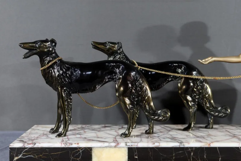 Best Pamono Art Deco Woman with Greyhounds, 1930, Patinated Metal