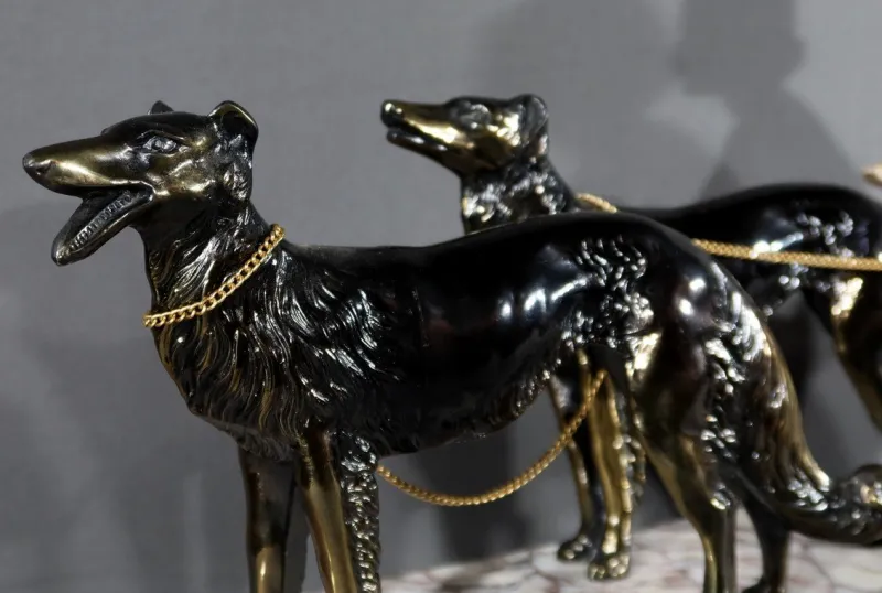 Best Pamono Art Deco Woman with Greyhounds, 1930, Patinated Metal