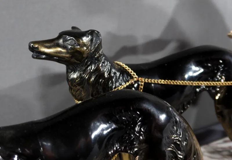 Best Pamono Art Deco Woman with Greyhounds, 1930, Patinated Metal