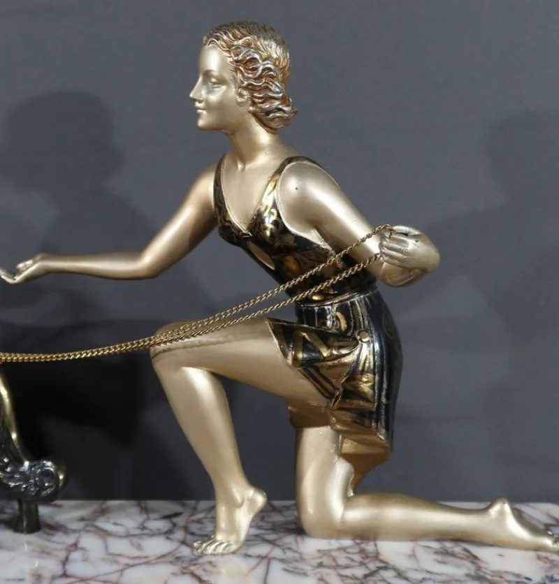 Best Pamono Art Deco Woman with Greyhounds, 1930, Patinated Metal