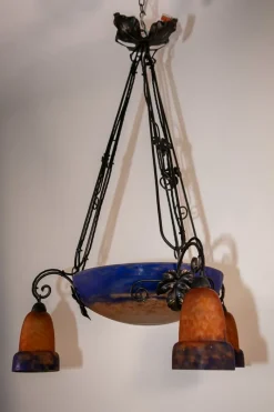 Pamono Art Deco Wrought Iron and Pate de Verre Lamp by G. V. Croismare for Muller Frères, France, 1925> Ceiling Lights