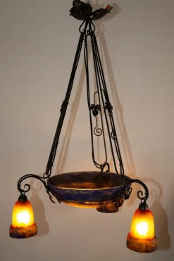 Pamono Art Deco Wrought Iron and Pate de Verre Lamp by G. V. Croismare for Muller Frères, France, 1925> Ceiling Lights