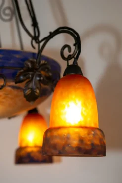 Pamono Art Deco Wrought Iron and Pate de Verre Lamp by G. V. Croismare for Muller Frères, France, 1925><noscript><img width=