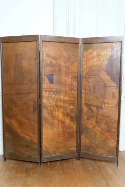 Clearance Pamono Art Nouveau / Art Deco Pyroengraved Screen with Medieval Mediterranean Townscape, 1930s