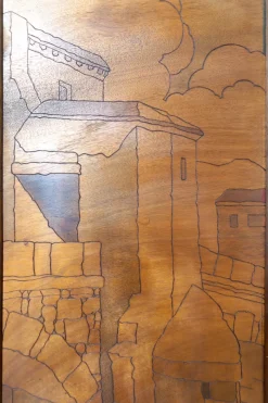 Clearance Pamono Art Nouveau / Art Deco Pyroengraved Screen with Medieval Mediterranean Townscape, 1930s