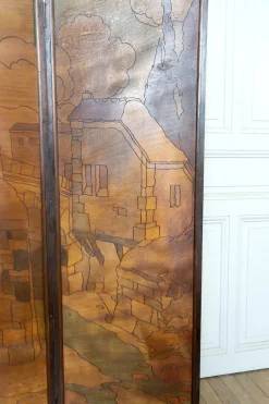 Clearance Pamono Art Nouveau / Art Deco Pyroengraved Screen with Medieval Mediterranean Townscape, 1930s