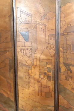 Clearance Pamono Art Nouveau / Art Deco Pyroengraved Screen with Medieval Mediterranean Townscape, 1930s