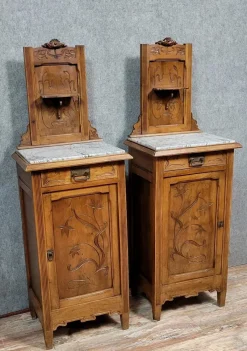 Pamono Art Nouveau Bedside Tables in Walnut, 1890s, Set of 2><noscript><img width=