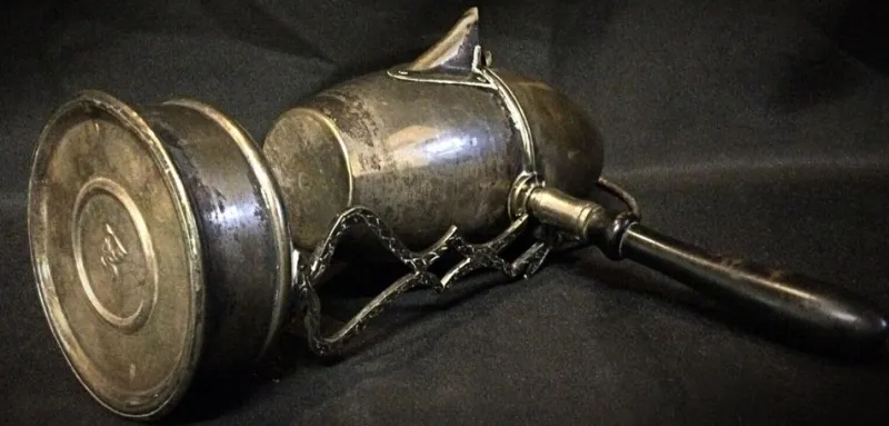 Pamono Art Nouveau Coffee Pot Brass & Copper with Ornate Swing Arm, 1920s