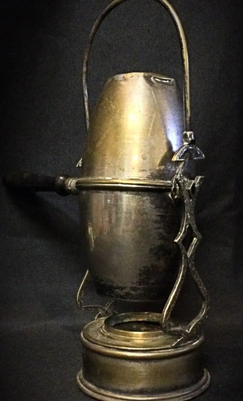 Pamono Art Nouveau Coffee Pot Brass & Copper with Ornate Swing Arm, 1920s