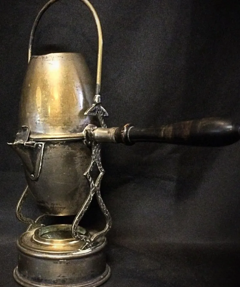 Pamono Art Nouveau Coffee Pot Brass & Copper with Ornate Swing Arm, 1920s