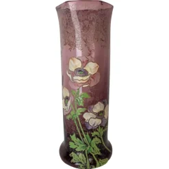 Pamono Art Nouveau French Enamelled Glass Vase with Flowers, 1890s> Vases