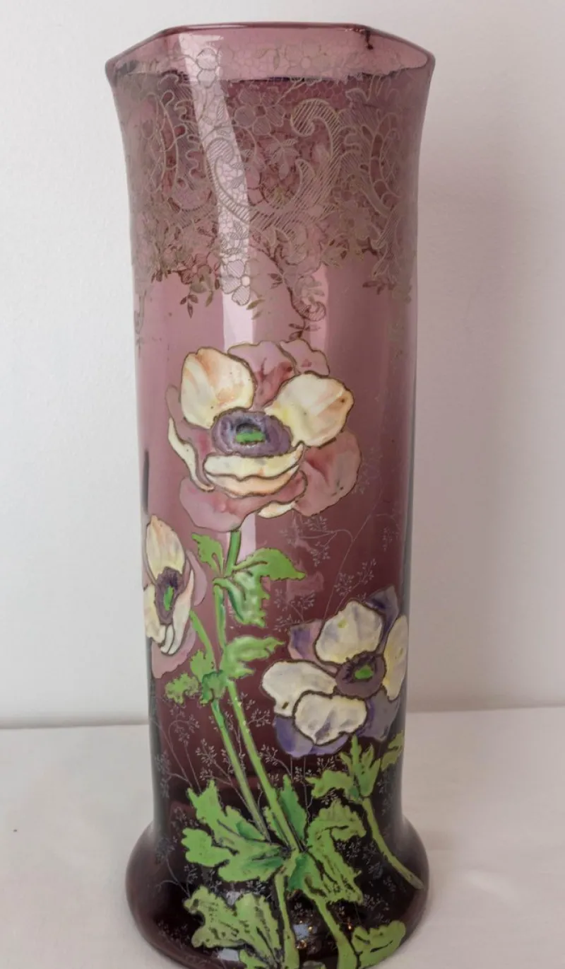 Pamono Art Nouveau French Enamelled Glass Vase with Flowers, 1890s> Vases