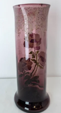 Pamono Art Nouveau French Enamelled Glass Vase with Flowers, 1890s><noscript><img width=