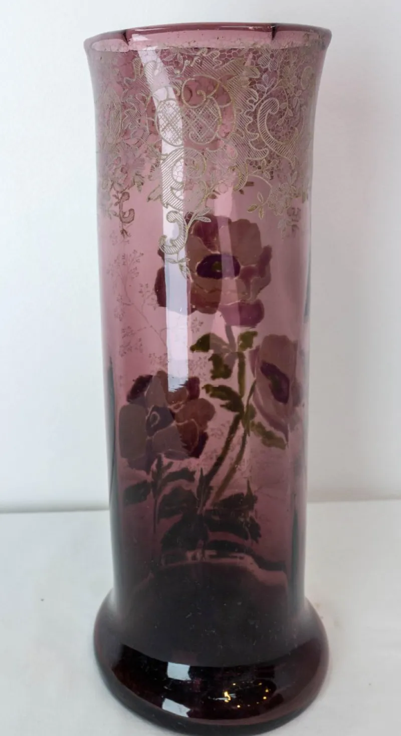 Pamono Art Nouveau French Enamelled Glass Vase with Flowers, 1890s> Vases
