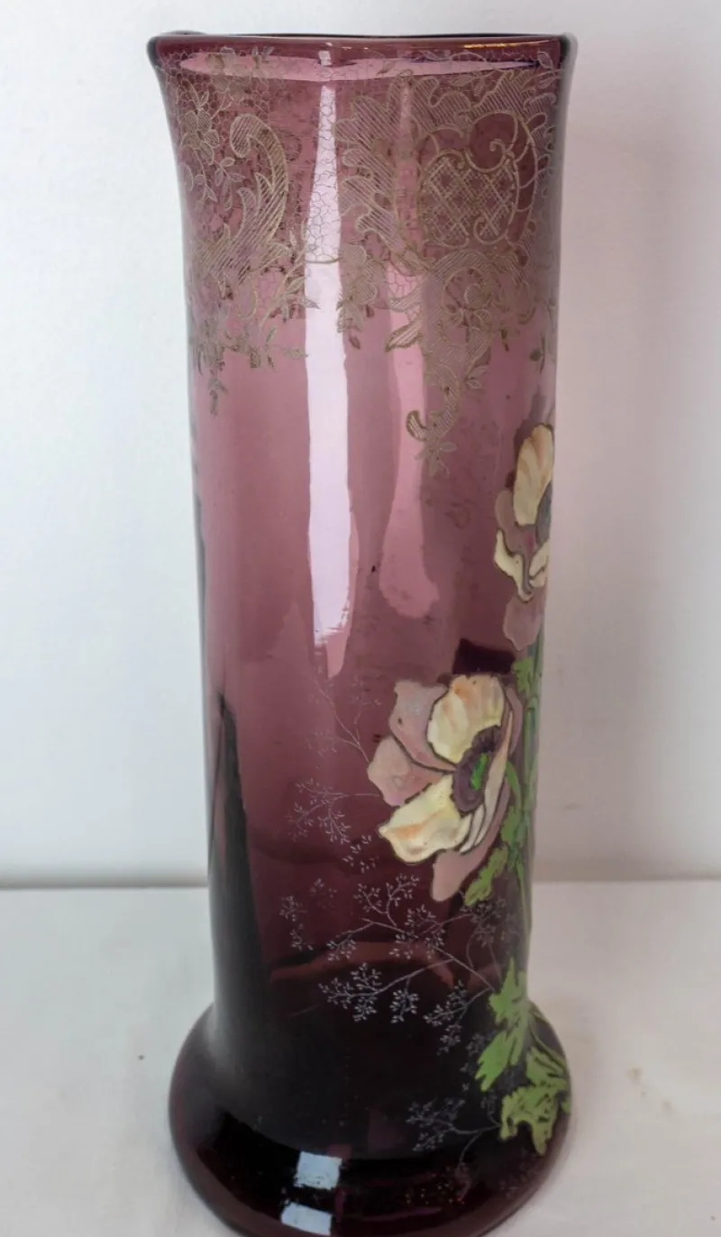 Pamono Art Nouveau French Enamelled Glass Vase with Flowers, 1890s> Vases