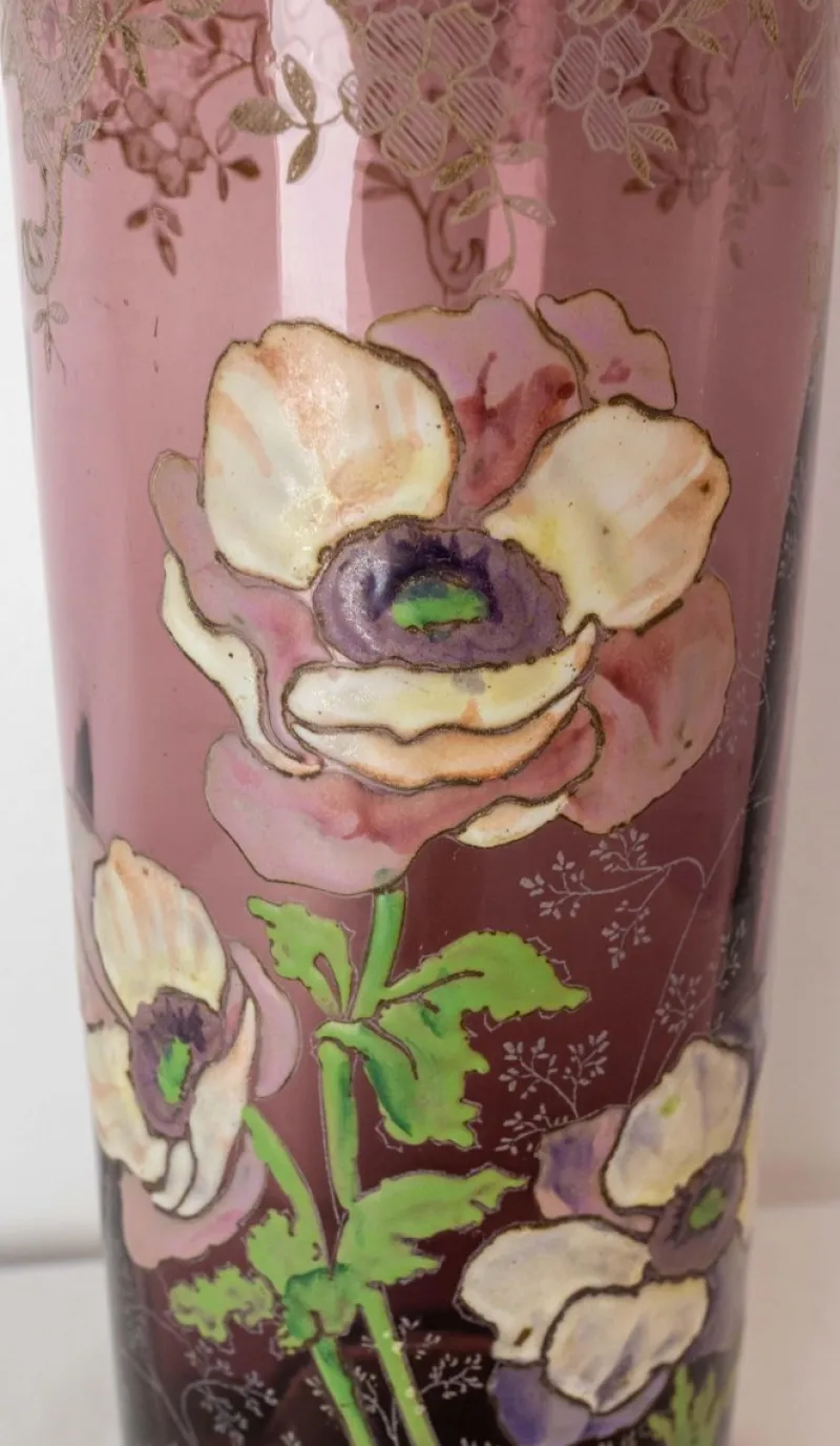 Pamono Art Nouveau French Enamelled Glass Vase with Flowers, 1890s> Vases