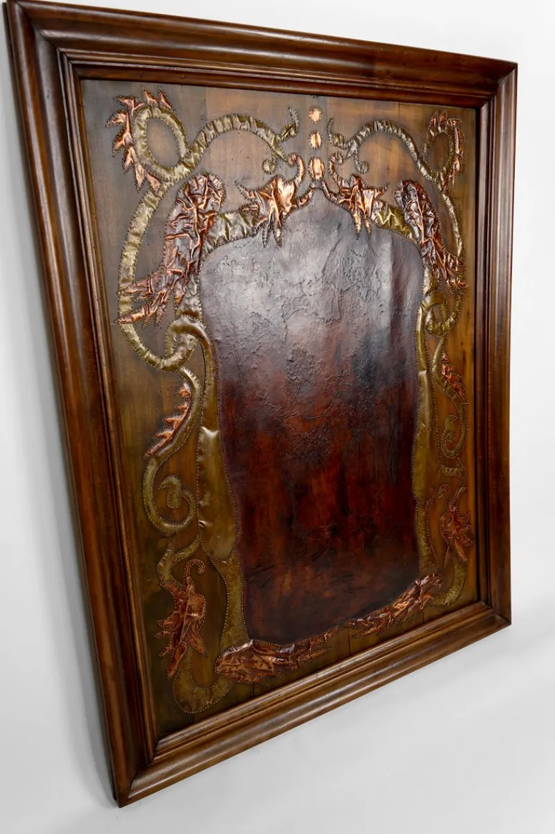 Pamono Art Nouveau La Fontaines Fable Panel with The Crow and the Fox Motif in Repoussé Leather and Dinanderie, 1890s> Architectural Elements