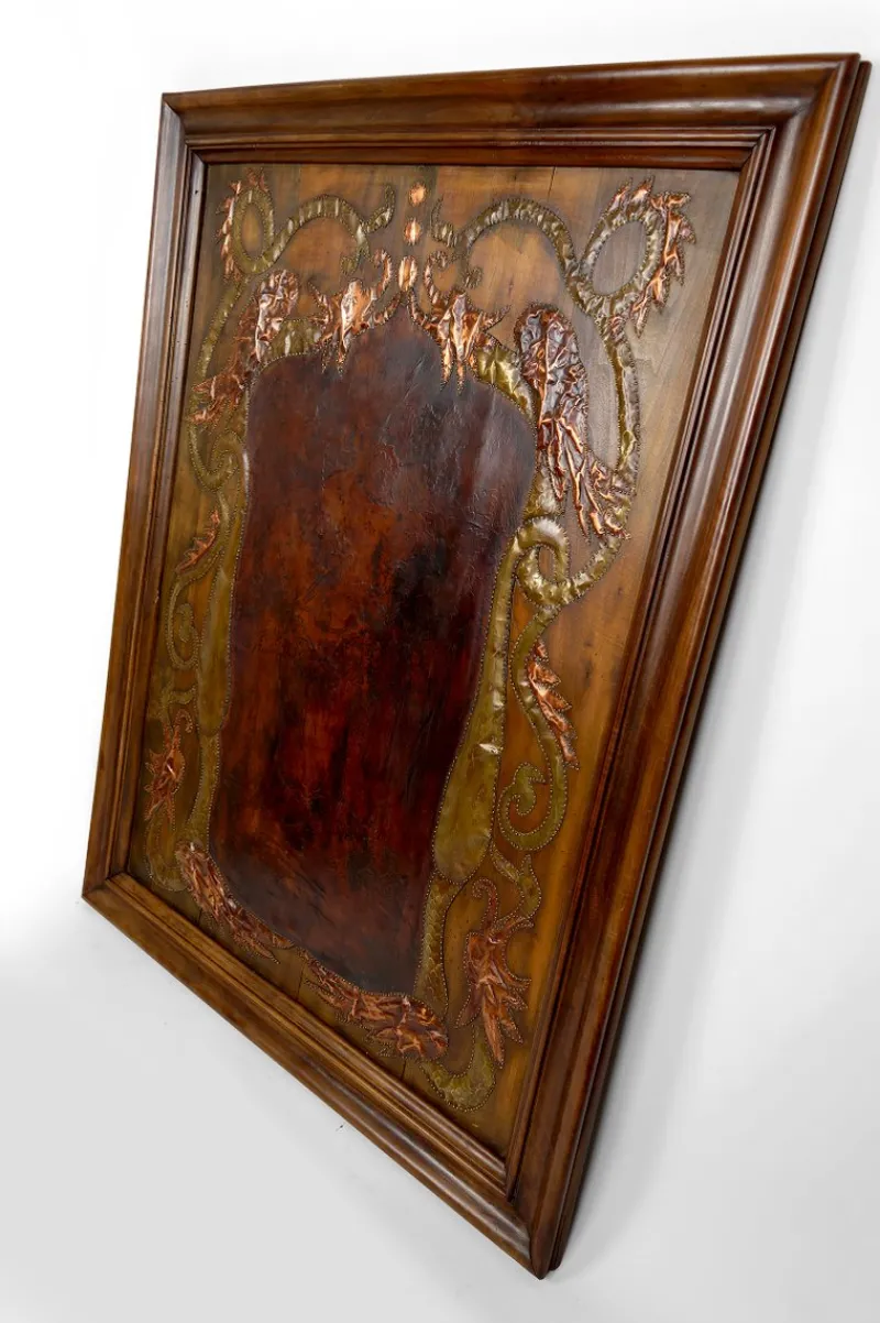 Pamono Art Nouveau La Fontaines Fable Panel with The Crow and the Fox Motif in Repoussé Leather and Dinanderie, 1890s> Architectural Elements