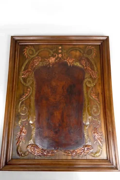 Pamono Art Nouveau La Fontaines Fable Panel with The Crow and the Fox Motif in Repoussé Leather and Dinanderie, 1890s><noscript><img width=